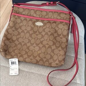 Coach Brown Signature Crossbody with Pink Trim